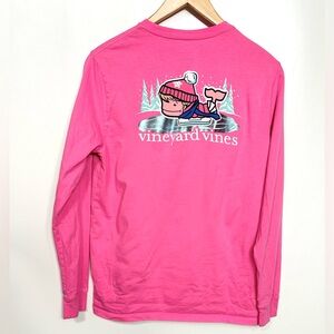 Vineyard Vines Girls' Foil Skating Whale Long-Sleeve Pocket Tee pink XL
